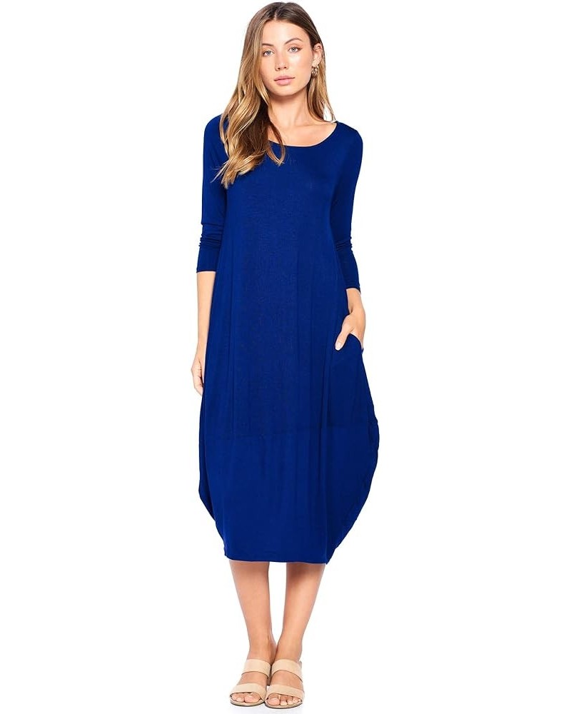 Solid 3/4 Sleeve Bubble Hem Pocket Midi Dress (S-3X) - Made in USA Royal Blue $17.04 Dresses