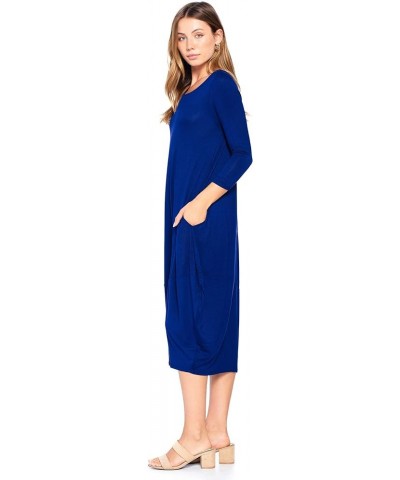 Solid 3/4 Sleeve Bubble Hem Pocket Midi Dress (S-3X) - Made in USA Royal Blue $17.04 Dresses