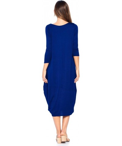 Solid 3/4 Sleeve Bubble Hem Pocket Midi Dress (S-3X) - Made in USA Royal Blue $17.04 Dresses