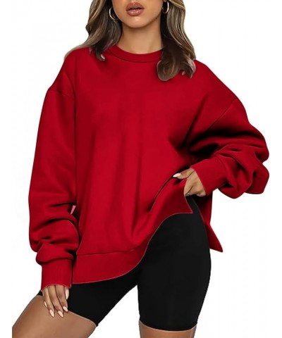 Women Crew Neck Oversized Sweatshirt Long Sleeve Causal Shirts Tops Solid Color Fall Sweater Trendy Y2K Clothes 2023 J04-red ...