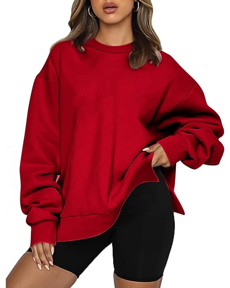 Women Crew Neck Oversized Sweatshirt Long Sleeve Causal Shirts Tops Solid Color Fall Sweater Trendy Y2K Clothes 2023 J04-red ...