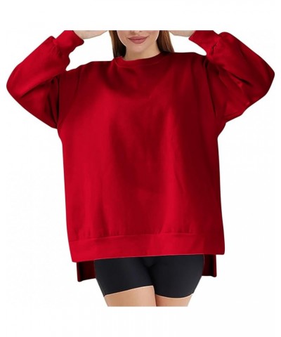 Women Crew Neck Oversized Sweatshirt Long Sleeve Causal Shirts Tops Solid Color Fall Sweater Trendy Y2K Clothes 2023 J04-red ...