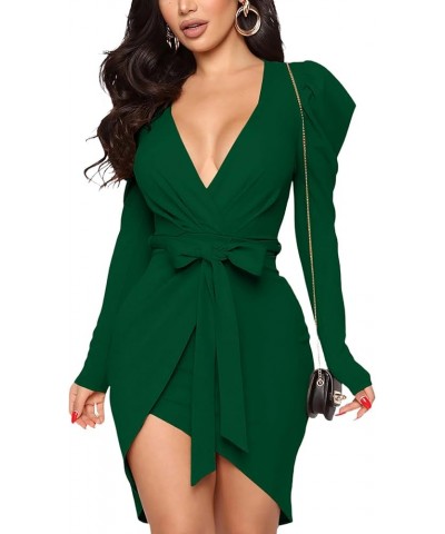 Women's Wrap Deep V Neck Puff Long Sleeve Belted Sexy Club Bodycon Mini Dress Dark Green $24.47 Dresses