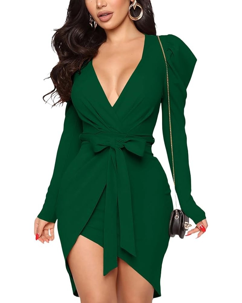 Women's Wrap Deep V Neck Puff Long Sleeve Belted Sexy Club Bodycon Mini Dress Dark Green $24.47 Dresses