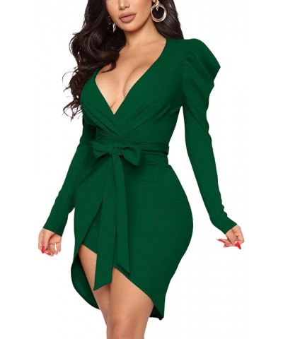 Women's Wrap Deep V Neck Puff Long Sleeve Belted Sexy Club Bodycon Mini Dress Dark Green $24.47 Dresses