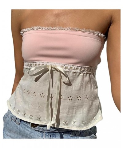 Women Lace Trim Strapless Tube Top y2k Vintage Sexy Tie Up Crop Top Hollow Out Backless Cami Vest Streetwear B2-pink $5.60 Tanks