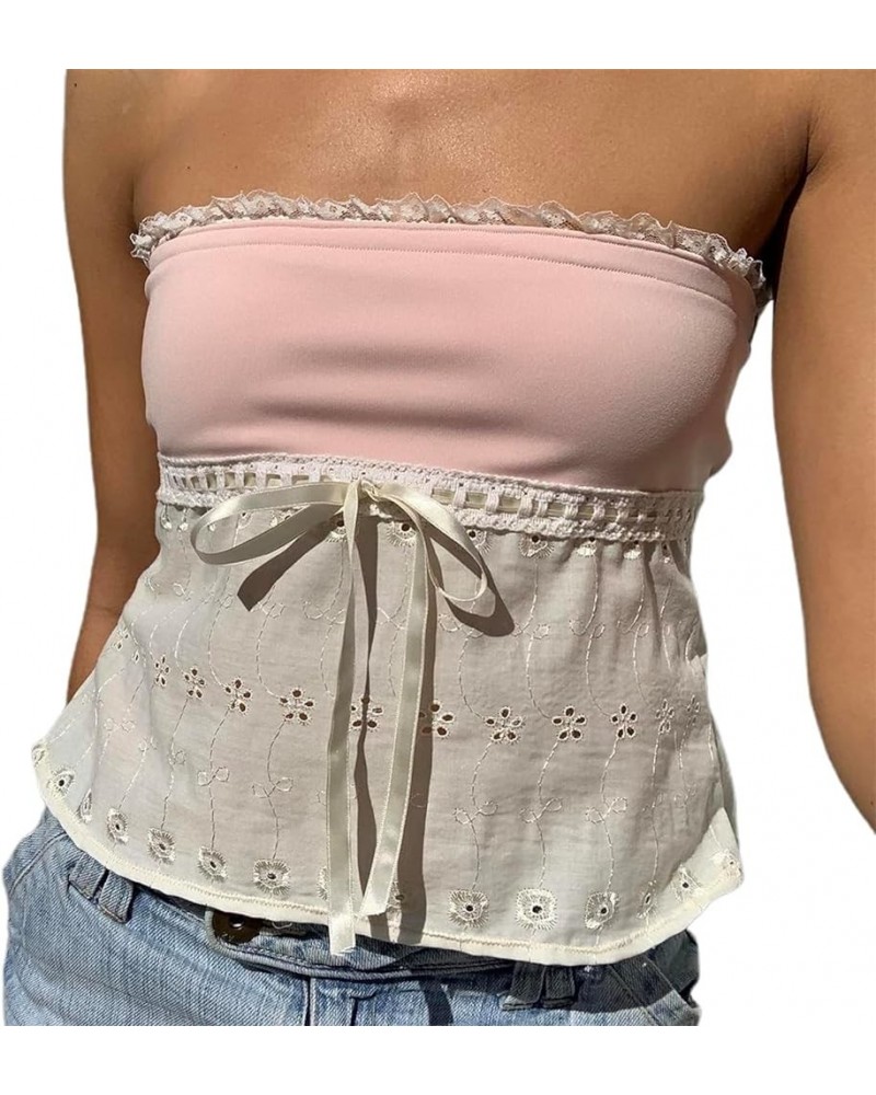 Women Lace Trim Strapless Tube Top y2k Vintage Sexy Tie Up Crop Top Hollow Out Backless Cami Vest Streetwear B2-pink $5.60 Tanks