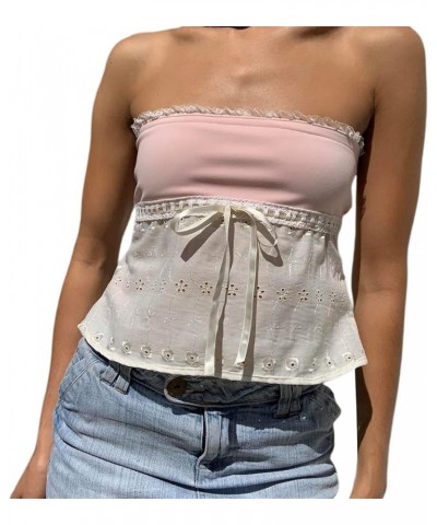 Women Lace Trim Strapless Tube Top y2k Vintage Sexy Tie Up Crop Top Hollow Out Backless Cami Vest Streetwear B2-pink $5.60 Tanks