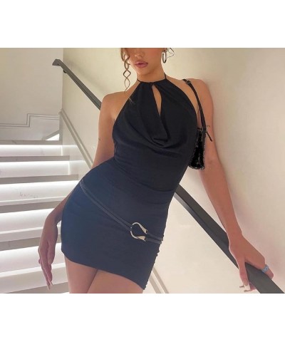 Women Y2k Halter Deep V Neck Mini Dress Backless Sleeveless Short Dress Going Out Dress Sexy Beachwear F-black $12.71 Dresses