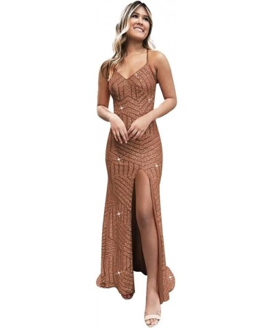 Spaghetti Straps V Neck Sequin Prom Dress with Slit Sparkly Mermaid Formal Dresses Long Backless Evening Gown Brown $34.44 Dr...