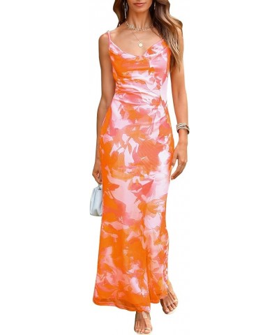 Women's 2024 Summer Floral Spaghetti Strap Maxi Dress Stretch Sexy Bodycon Dress Backless Slip Long Dresses B-light Orange $2...