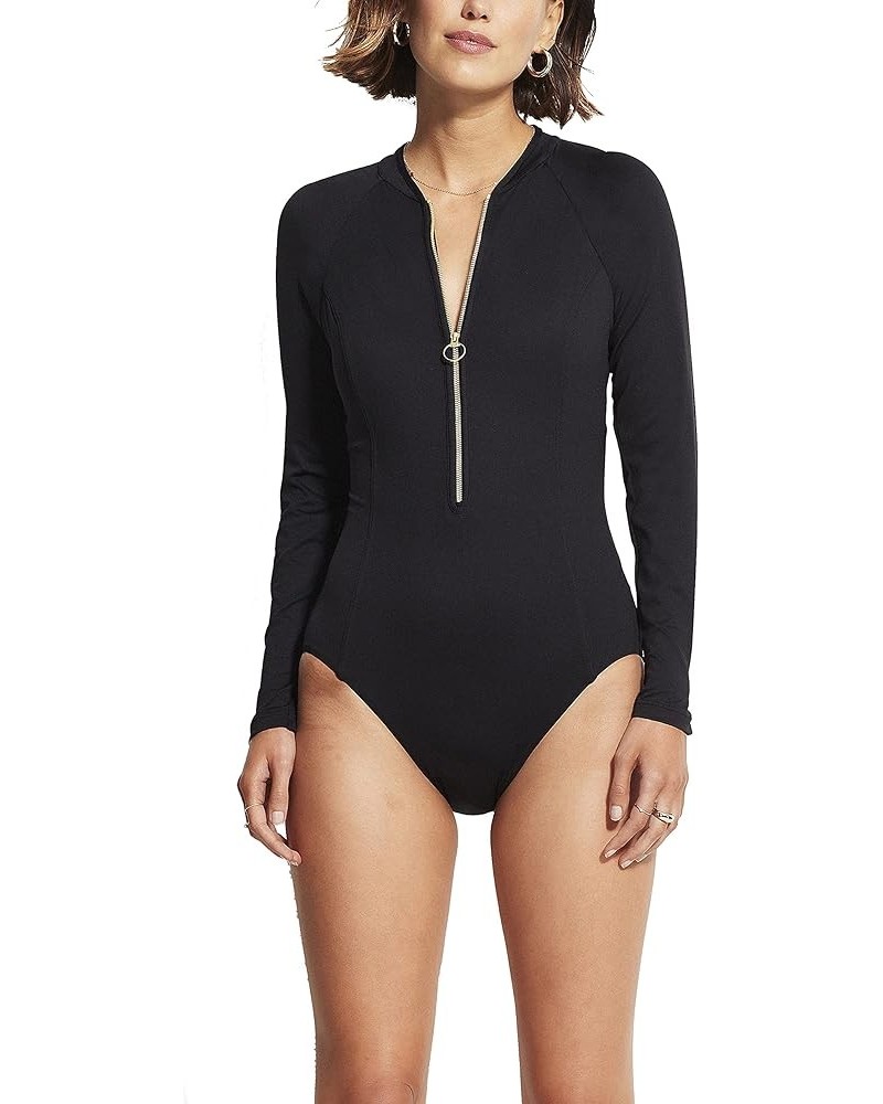 Women's Long Sleeve One Piece Surfsuit with Zip Front Swimsuit Black $48.25 Swimsuits