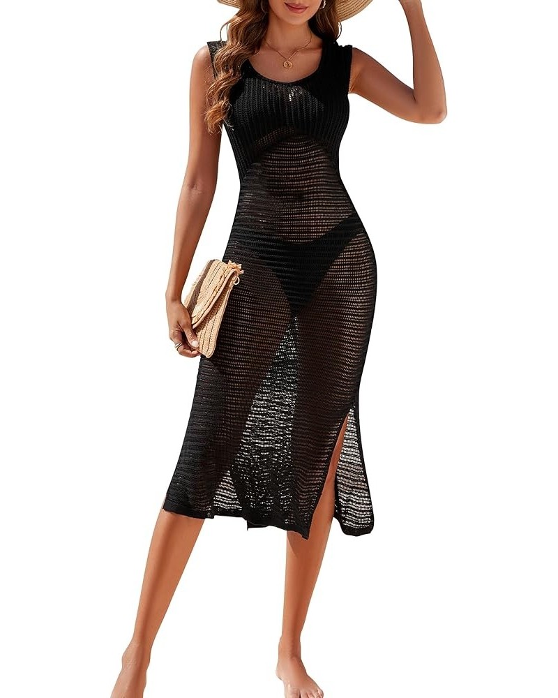 Womens Crochet Beach Cover Ups Swimsuit Bathing Suit Coverup Sleeveless long Dress Black $10.81 Swimsuits