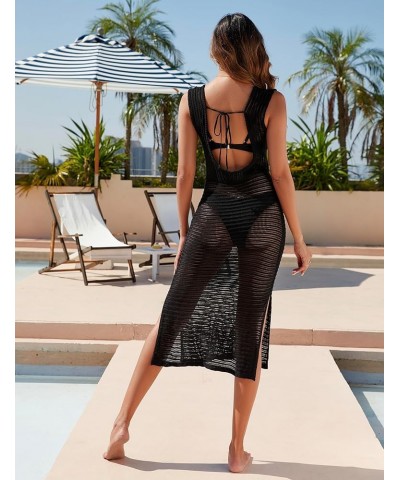 Womens Crochet Beach Cover Ups Swimsuit Bathing Suit Coverup Sleeveless long Dress Black $10.81 Swimsuits