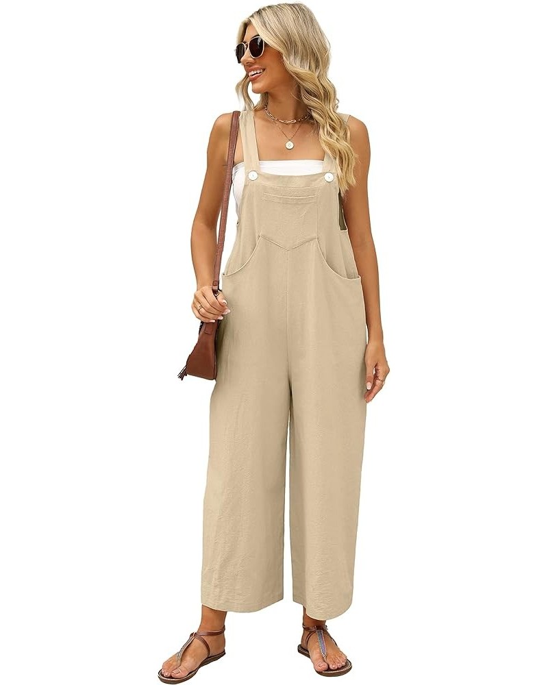 Summer Cotton Linen Bib Overalls Women Baggy Sleeveless Wide Leg Jumpsuits with Pockets Khaki $14.49 Overalls