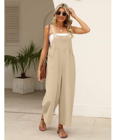 Summer Cotton Linen Bib Overalls Women Baggy Sleeveless Wide Leg Jumpsuits with Pockets Khaki $14.49 Overalls