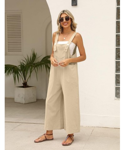 Summer Cotton Linen Bib Overalls Women Baggy Sleeveless Wide Leg Jumpsuits with Pockets Khaki $14.49 Overalls