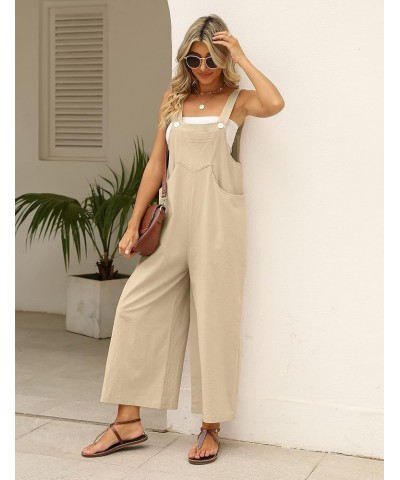 Summer Cotton Linen Bib Overalls Women Baggy Sleeveless Wide Leg Jumpsuits with Pockets Khaki $14.49 Overalls