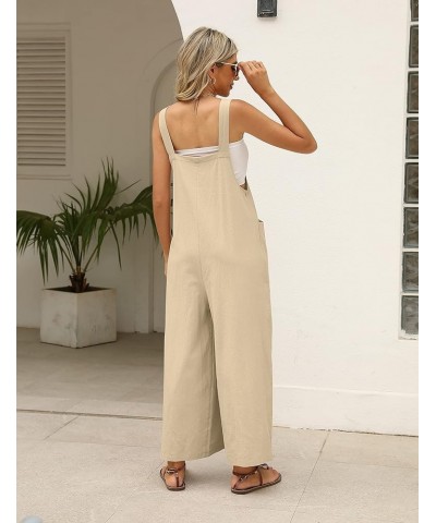 Summer Cotton Linen Bib Overalls Women Baggy Sleeveless Wide Leg Jumpsuits with Pockets Khaki $14.49 Overalls