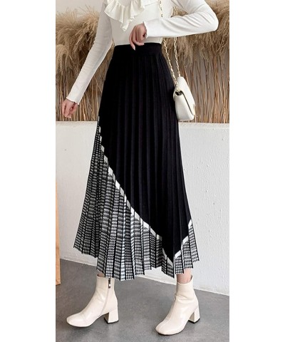 Women's Elastic Waist Houndstooth Plaid Contrast Pleated A-Line Knitted Skirt Black $15.98 Skirts