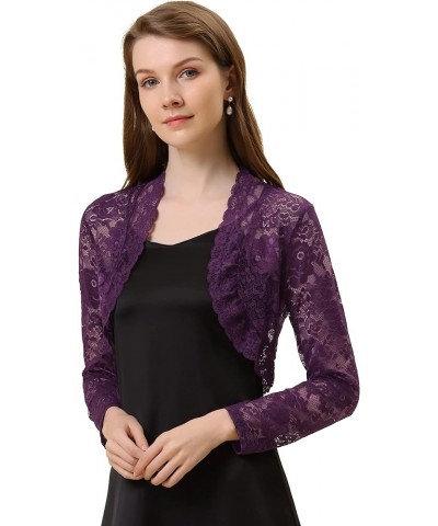 Women's Elegant Crop Cardigan Sheer Floral Lace Bolero Shrug Top Purple $18.21 Sweaters