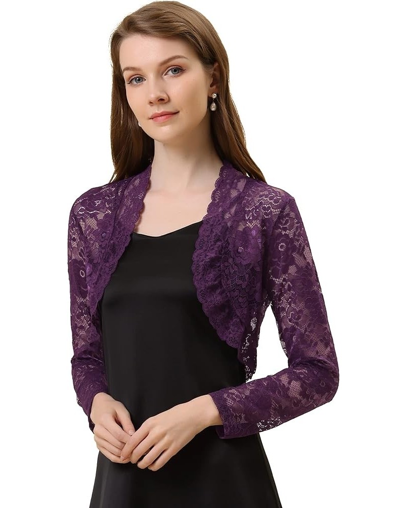 Women's Elegant Crop Cardigan Sheer Floral Lace Bolero Shrug Top Purple $18.21 Sweaters