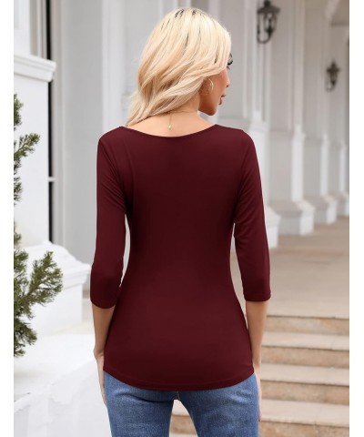 Women's Basic 3/4 Sleeve Shirts Slim Fit Sexy Sweetheart Neckline Top Stretch Tight Solid Color Tees Burgundy $12.74 T-Shirts