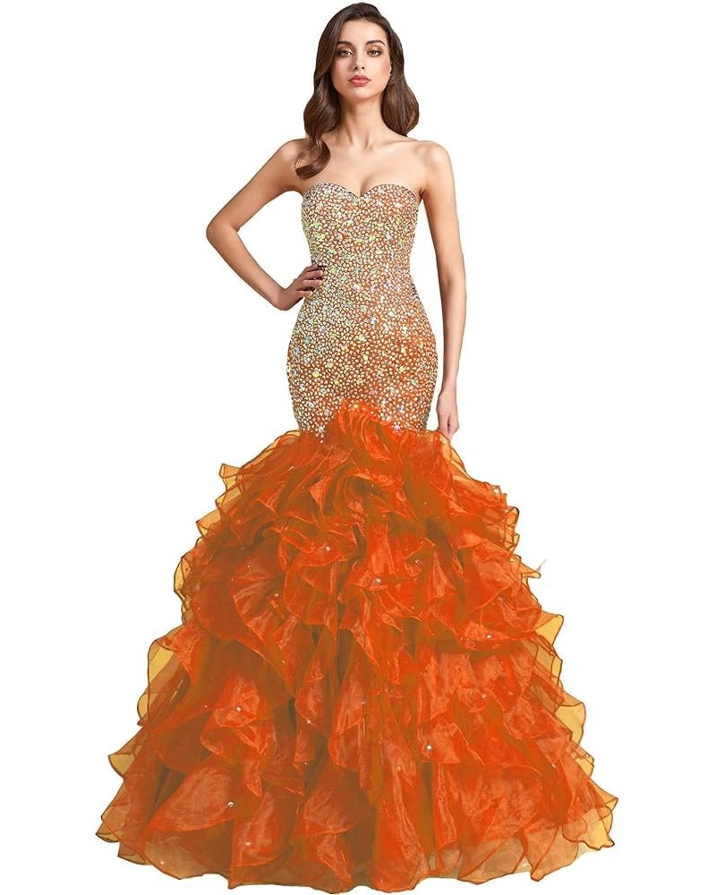 Crystals Long Mermaid Ruffles Beaded Sweetheart Corset Formal Prom Evening Dresses Orange $58.80 Dresses