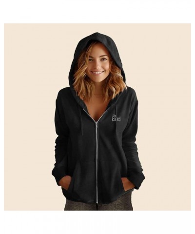 Be Kind Embroidered Hoodie Fleece Sweatshirt Zip Front Womens Black $28.00 Hoodies & Sweatshirts