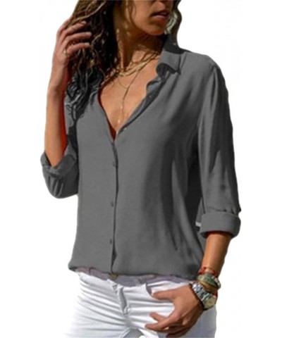 Women's Lapel Collar Chiffon Shirts Button Down Business Blouse Oversized Long Sleeve Tunic Tops Grey $14.74 Blouses