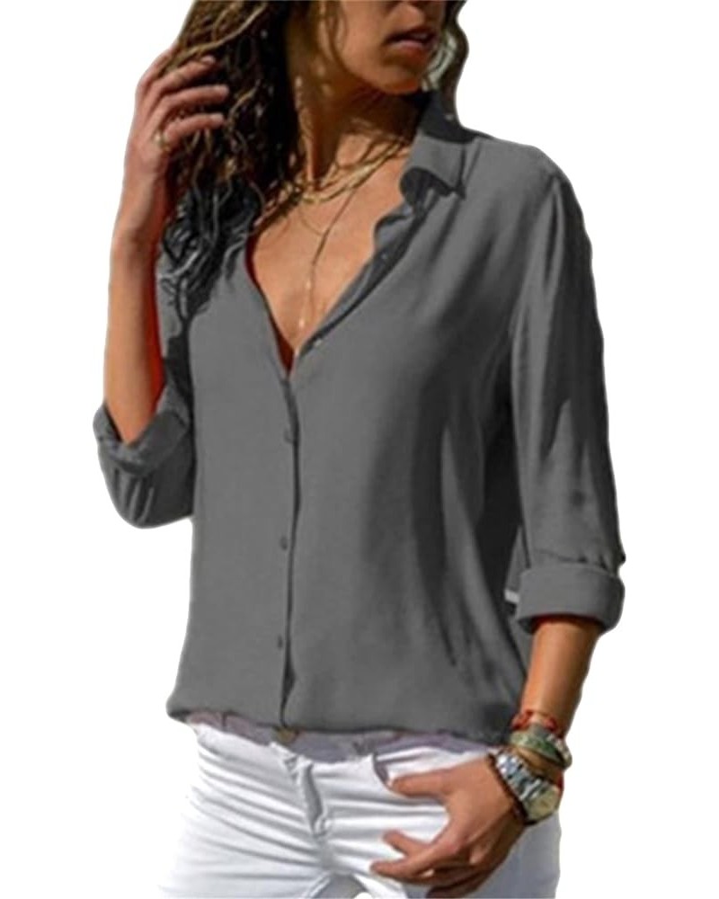 Women's Lapel Collar Chiffon Shirts Button Down Business Blouse Oversized Long Sleeve Tunic Tops Grey $14.74 Blouses