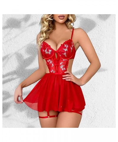 Women's Floral Embroidery Mesh Split Cut Out Babydoll Lingerie Slip Dress See Through Sleepwear Teddy Nightwear Z2308242-red ...