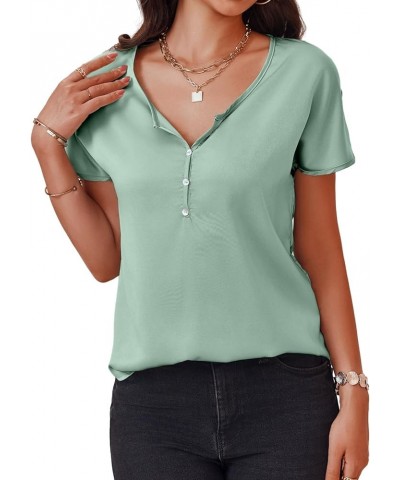 Womens Deep V Neck T-Shirt Button Down Loose Fit Curved Hem Basic Tee Top Green $13.74 Tops