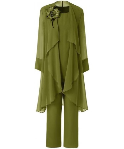 Mother of The Bride Pant Suits with Jacket 3Pcs Long Sleeve Wedding Outfit Set Chiffon Evening Fornal Gowns Olive $44.00 Suits