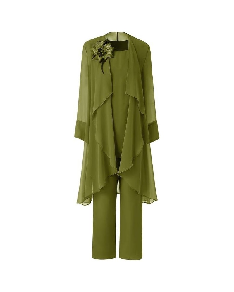 Mother of The Bride Pant Suits with Jacket 3Pcs Long Sleeve Wedding Outfit Set Chiffon Evening Fornal Gowns Olive $44.00 Suits