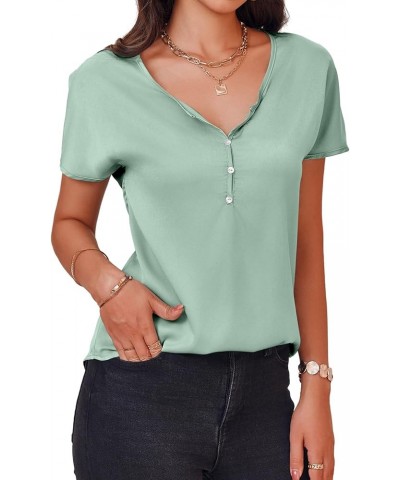 Womens Deep V Neck T-Shirt Button Down Loose Fit Curved Hem Basic Tee Top Green $13.74 Tops
