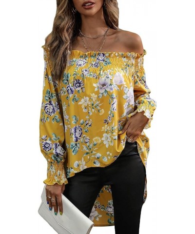 Women's Leopard Print Off Shoulder Long Sleeve High Low Blouses Tops Yellow Flower $20.51 Blouses