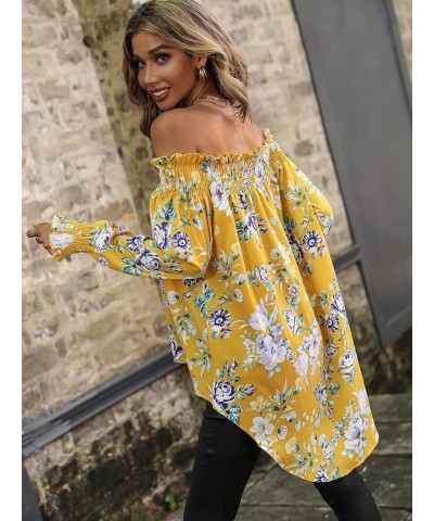 Women's Leopard Print Off Shoulder Long Sleeve High Low Blouses Tops Yellow Flower $20.51 Blouses