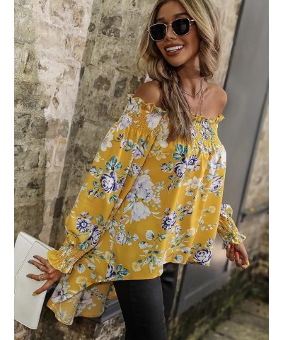 Women's Leopard Print Off Shoulder Long Sleeve High Low Blouses Tops Yellow Flower $20.51 Blouses