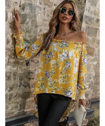 Women's Leopard Print Off Shoulder Long Sleeve High Low Blouses Tops Yellow Flower $20.51 Blouses