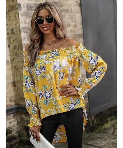 Women's Leopard Print Off Shoulder Long Sleeve High Low Blouses Tops Yellow Flower $20.51 Blouses