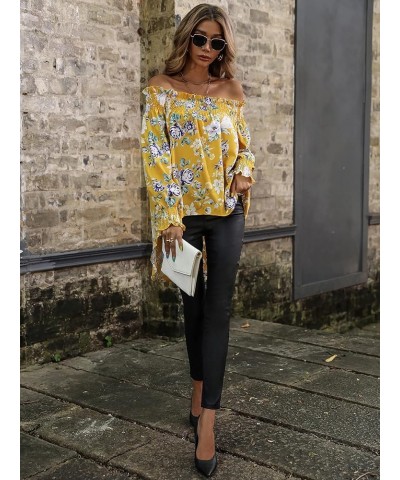 Women's Leopard Print Off Shoulder Long Sleeve High Low Blouses Tops Yellow Flower $20.51 Blouses