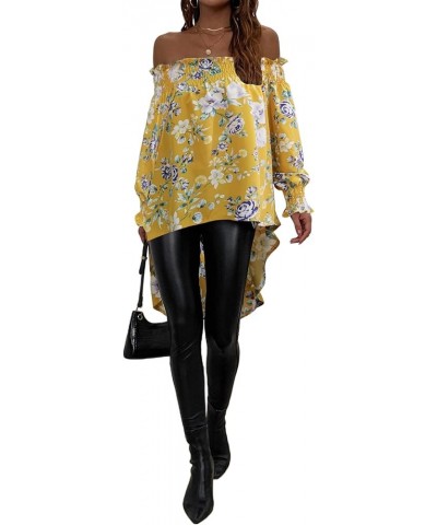 Women's Leopard Print Off Shoulder Long Sleeve High Low Blouses Tops Yellow Flower $20.51 Blouses