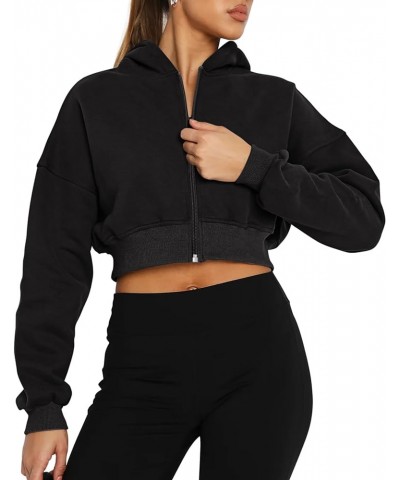Womens Zip Up Hoodies Cropped Sweatshirts Fall Outfits Fleece Lined Casual Hooded Sweaters Winter Clothes 2024 Black $17.27 H...