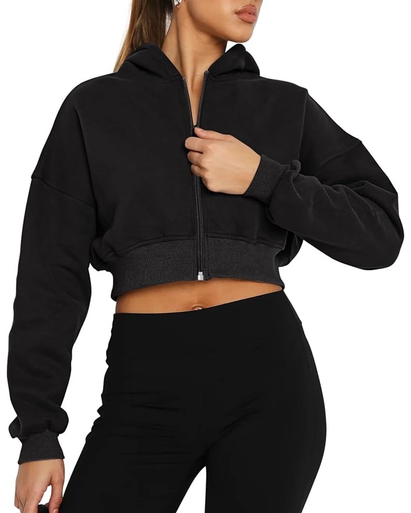 Womens Zip Up Hoodies Cropped Sweatshirts Fall Outfits Fleece Lined Casual Hooded Sweaters Winter Clothes 2024 Black $17.27 H...