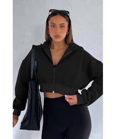 Womens Zip Up Hoodies Cropped Sweatshirts Fall Outfits Fleece Lined Casual Hooded Sweaters Winter Clothes 2024 Black $17.27 H...