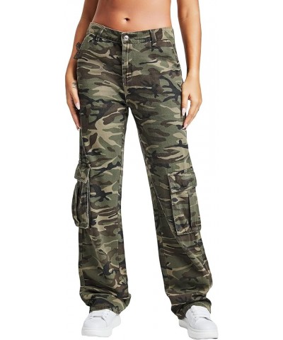 Women's Camo Print Cargo Jeans High Waist Wide Leg Denim Army Pants Army Green Camo $31.00 Jeans