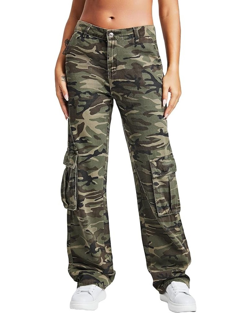 Women's Camo Print Cargo Jeans High Waist Wide Leg Denim Army Pants Army Green Camo $31.00 Jeans