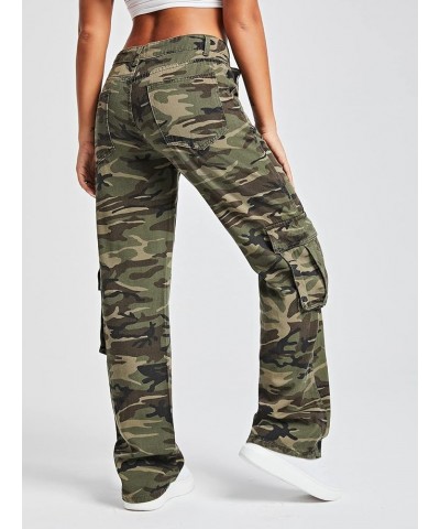 Women's Camo Print Cargo Jeans High Waist Wide Leg Denim Army Pants Army Green Camo $31.00 Jeans