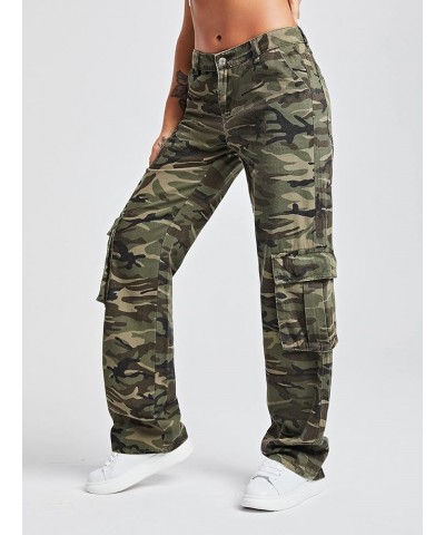 Women's Camo Print Cargo Jeans High Waist Wide Leg Denim Army Pants Army Green Camo $31.00 Jeans